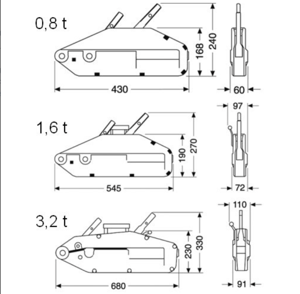 Dimensions tireur à câbles aluminium 800 kg, 1600 kg, 3200 kg
